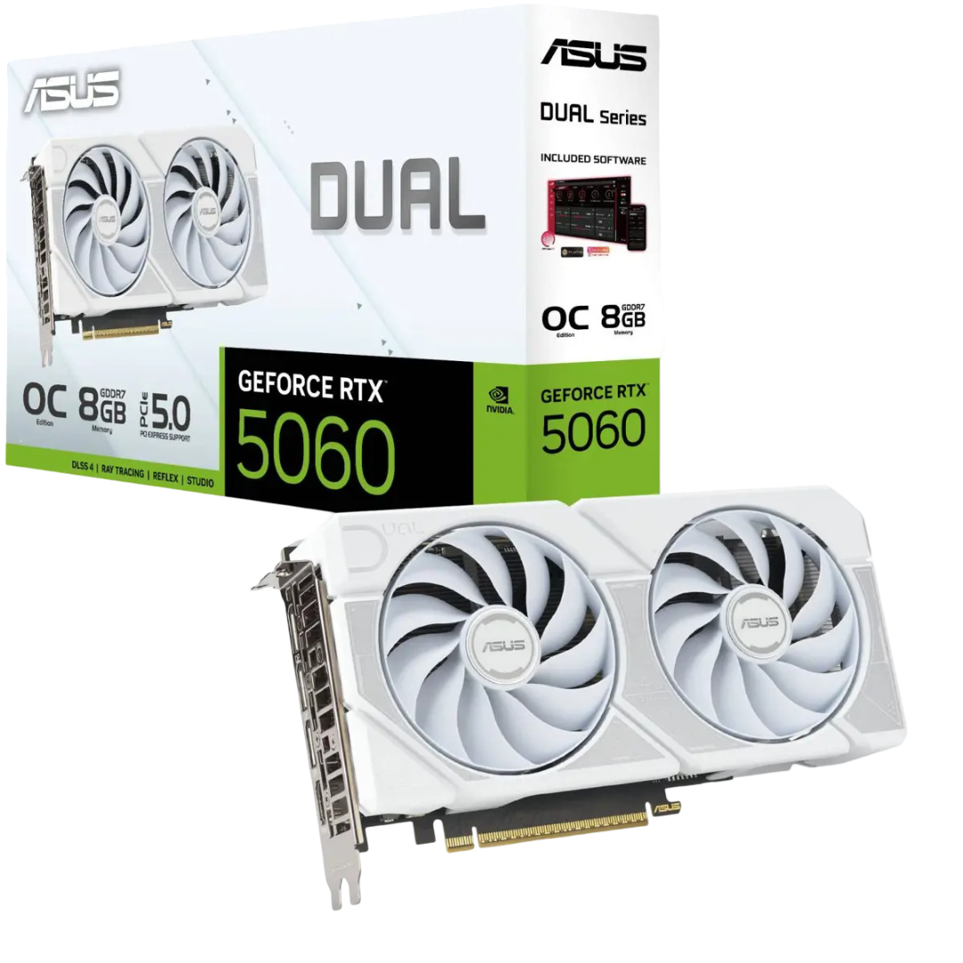 Asus Dual GeForce RTX 5060 White OC Edition 8GB GDDR7 Graphics Card (PCIe 5.0, 8GB GDDR7, DLSS 4, HDMI 2.1b, DisplayPort 2.1b, 2.5-Slot Design, Axial-tech Fan Design, 0dB Technology, and More)