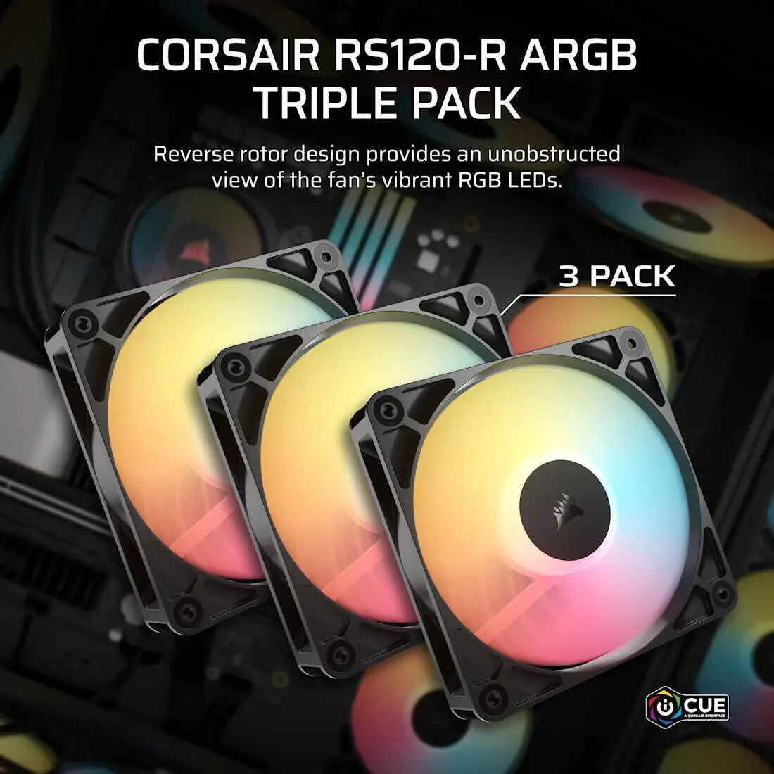 Corsair RS120-R ARGB 120mm PWM Reverse Fans, Daisy-Chain Connection, Low-Noise, Magnetic Dome Bearing – Triple Pack (Black) - Image 2