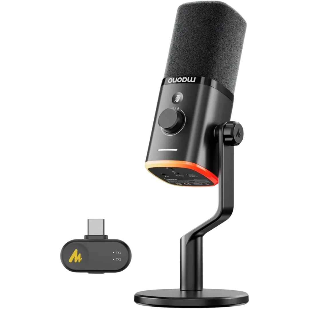 Maono PD100W Wireless/USB Microphone, PC Gaming Mic with One-Click Noise Reduction